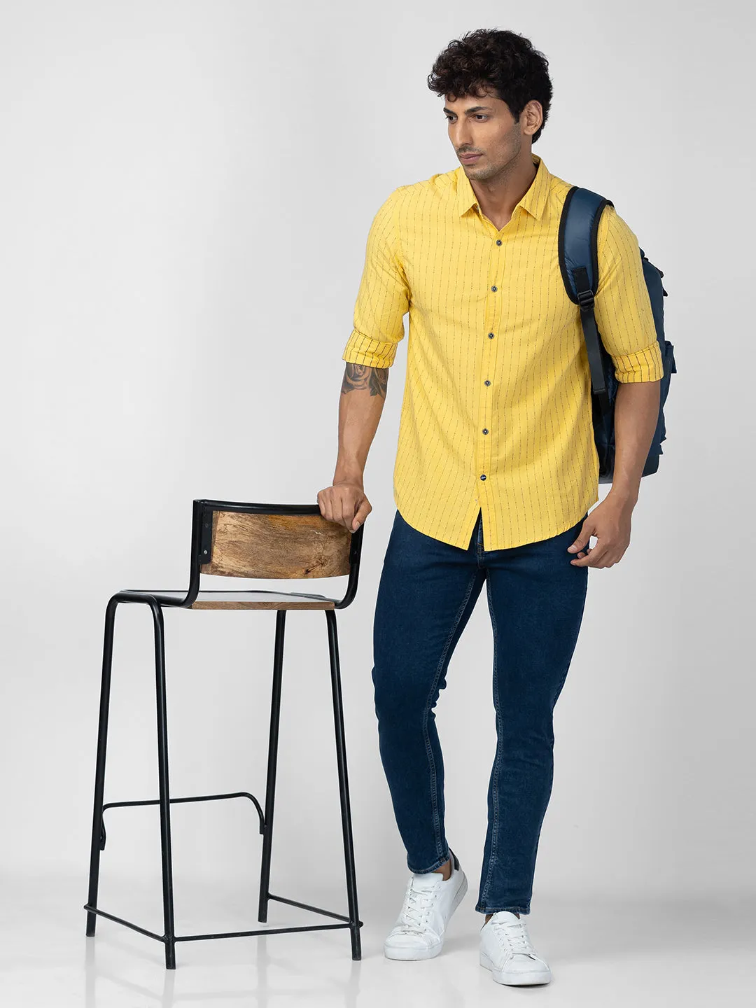 Spykar Men Sulphur Yellow Cotton Slim Fit Striped Shirt