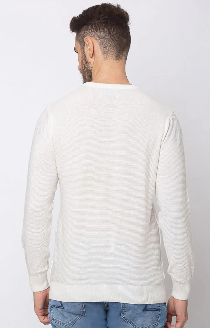 Spykar Men White Cotton Round Neck Full Sleeve Sweater