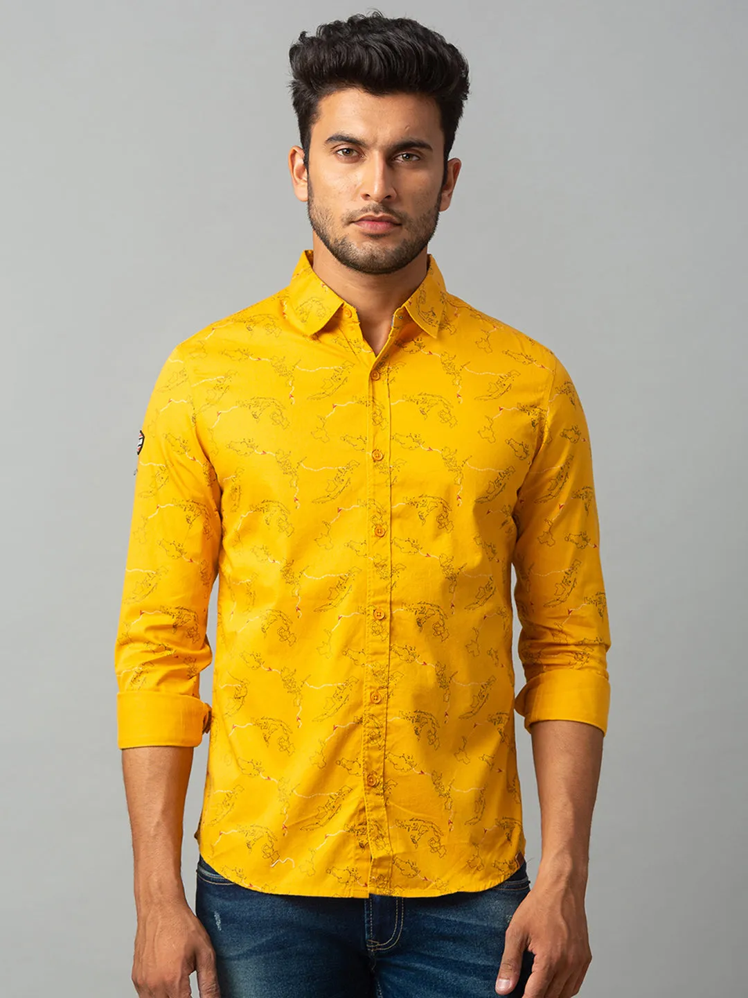 Spykar Men Yellow Cotton Slim Fit Shirt