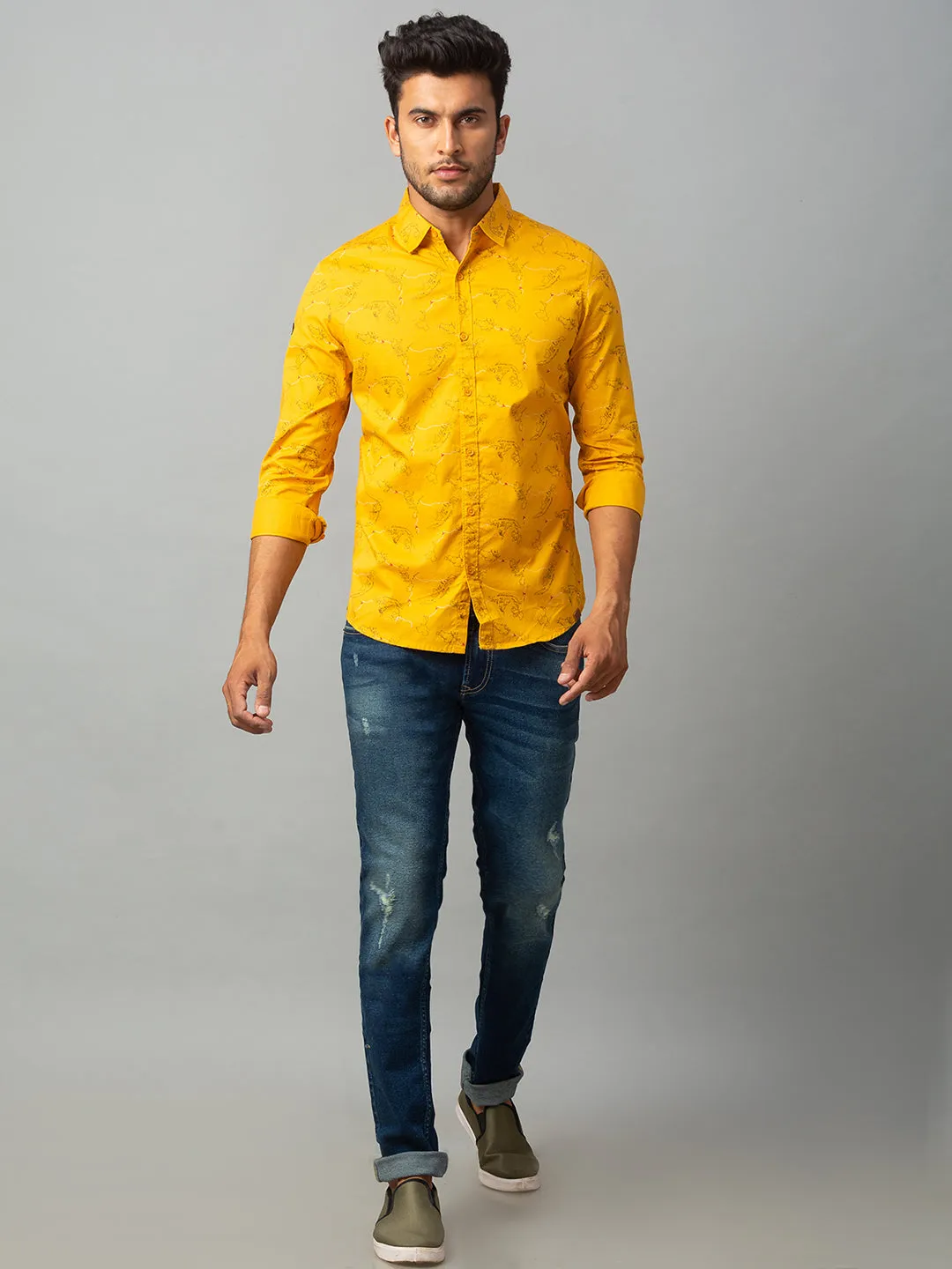 Spykar Men Yellow Cotton Slim Fit Shirt