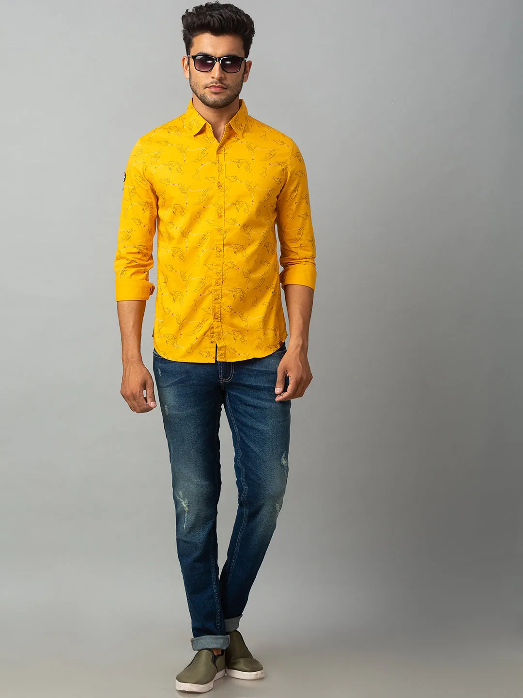 Spykar Men Yellow Cotton Slim Fit Shirt