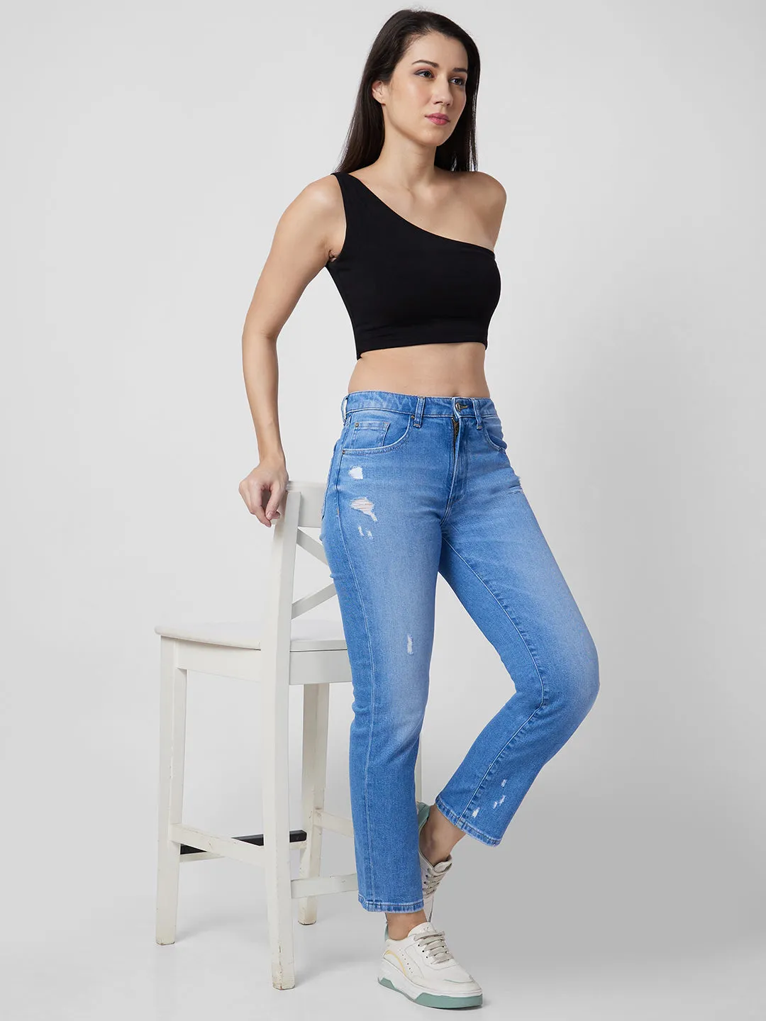 Spykar Mid Rise Slim Straight Fit Blue Jeans For Women