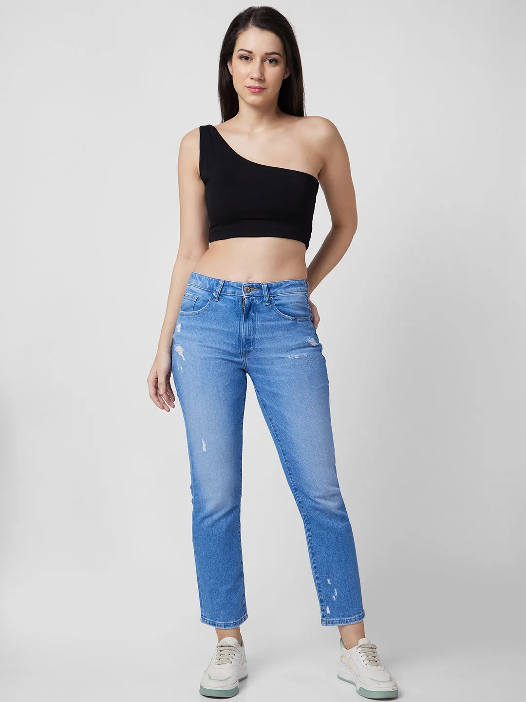 Spykar Mid Rise Slim Straight Fit Blue Jeans For Women