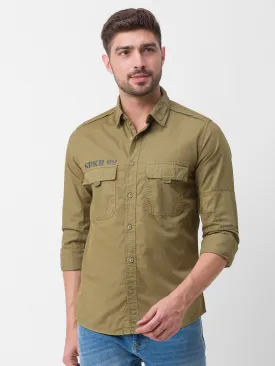 Spykar Moss Green Cotton Full Sleeve Plain Shirt For Men