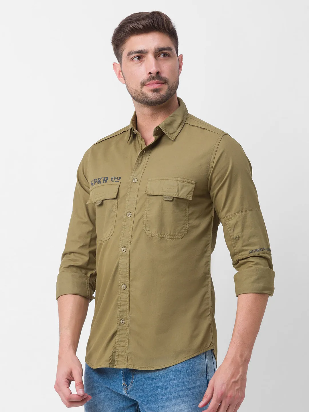 Spykar Moss Green Cotton Full Sleeve Plain Shirt For Men