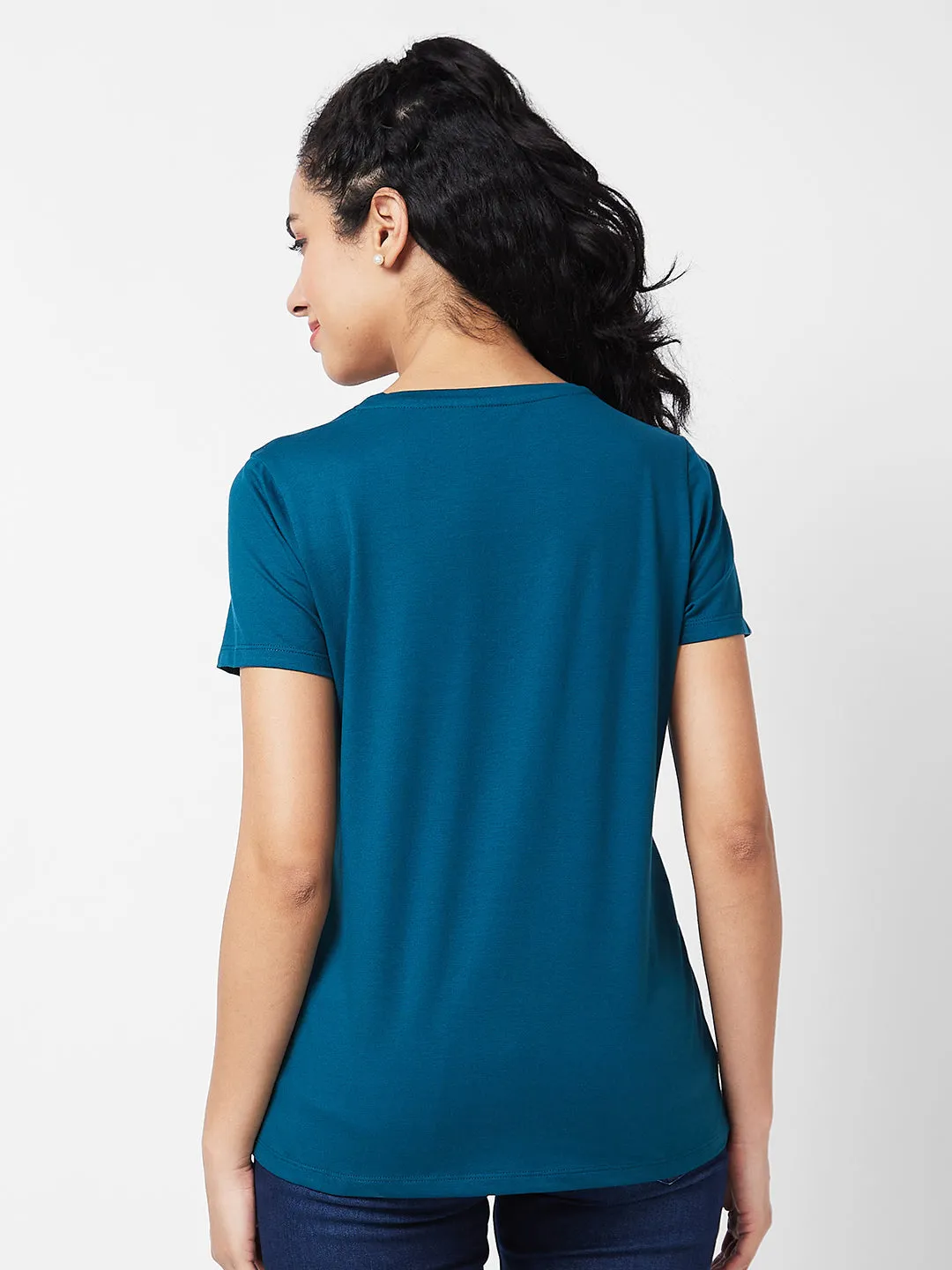 Spykar Round Neck Half Sleeves Green T-shirt  For Women