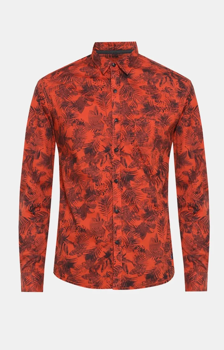 Spykar Slim Fit Men Rust Printed Casual Shirt