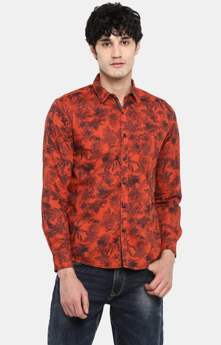 Spykar Slim Fit Men Rust Printed Casual Shirt