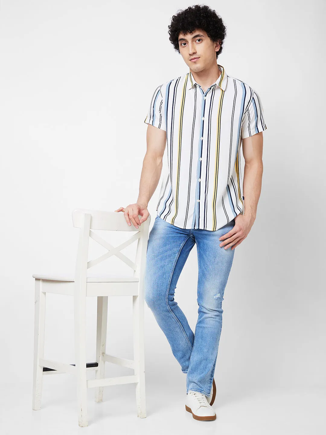 Spykar White STRIPED HALF SLEEVE Shirt For Men