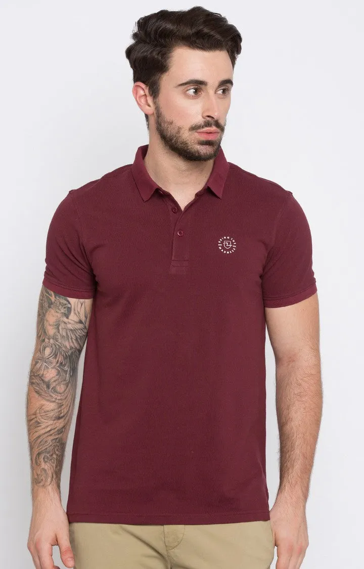 Spykar Wine Solid Slim Fit Polo T-Shirt