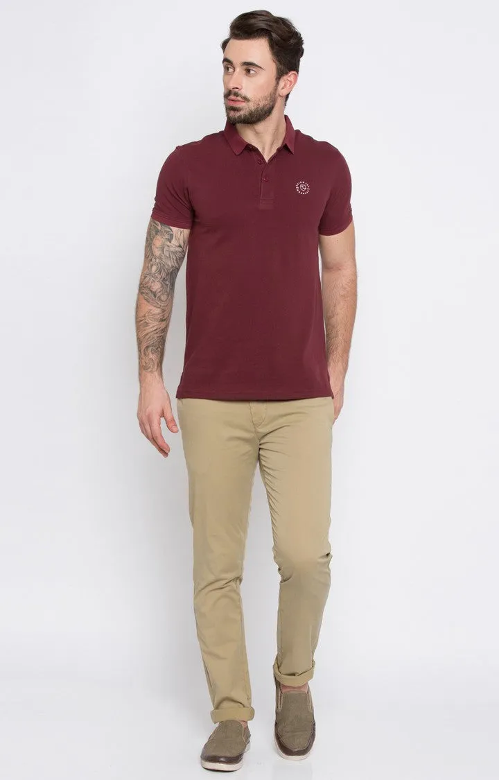 Spykar Wine Solid Slim Fit Polo T-Shirt