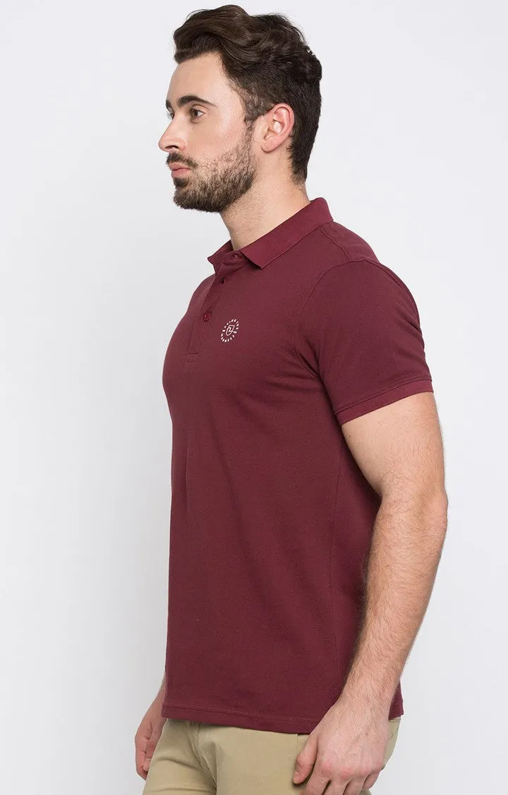 Spykar Wine Solid Slim Fit Polo T-Shirt