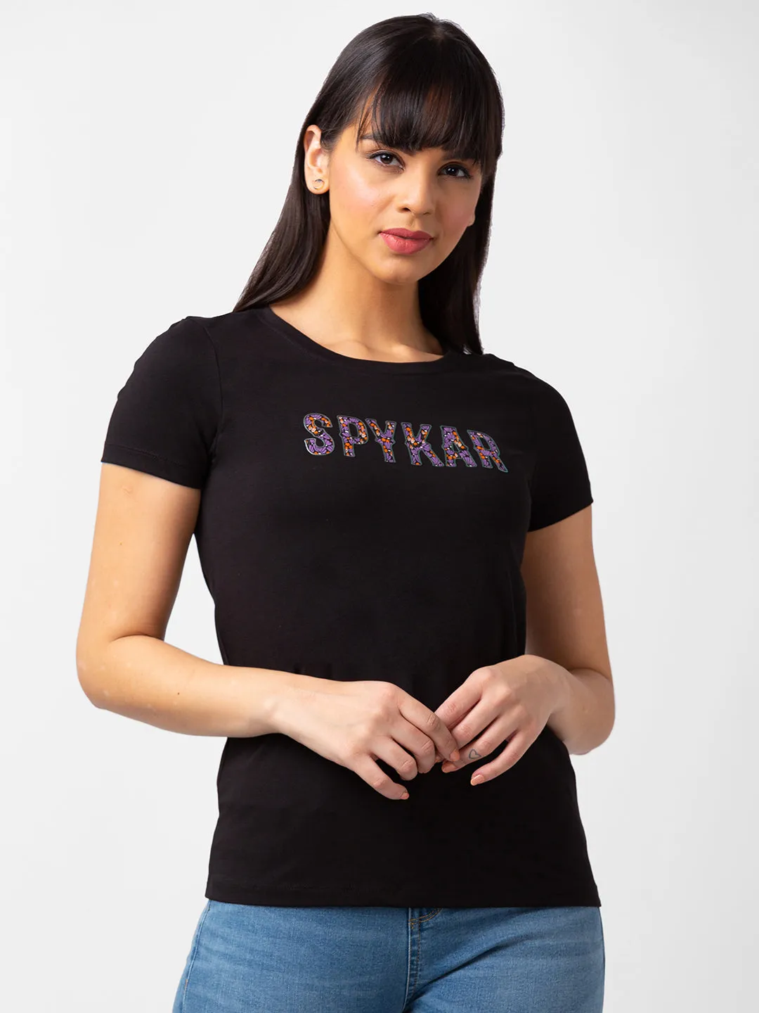 Spykar Women Black Blended Regular Fit Half Sleeve Printed T-Shirts