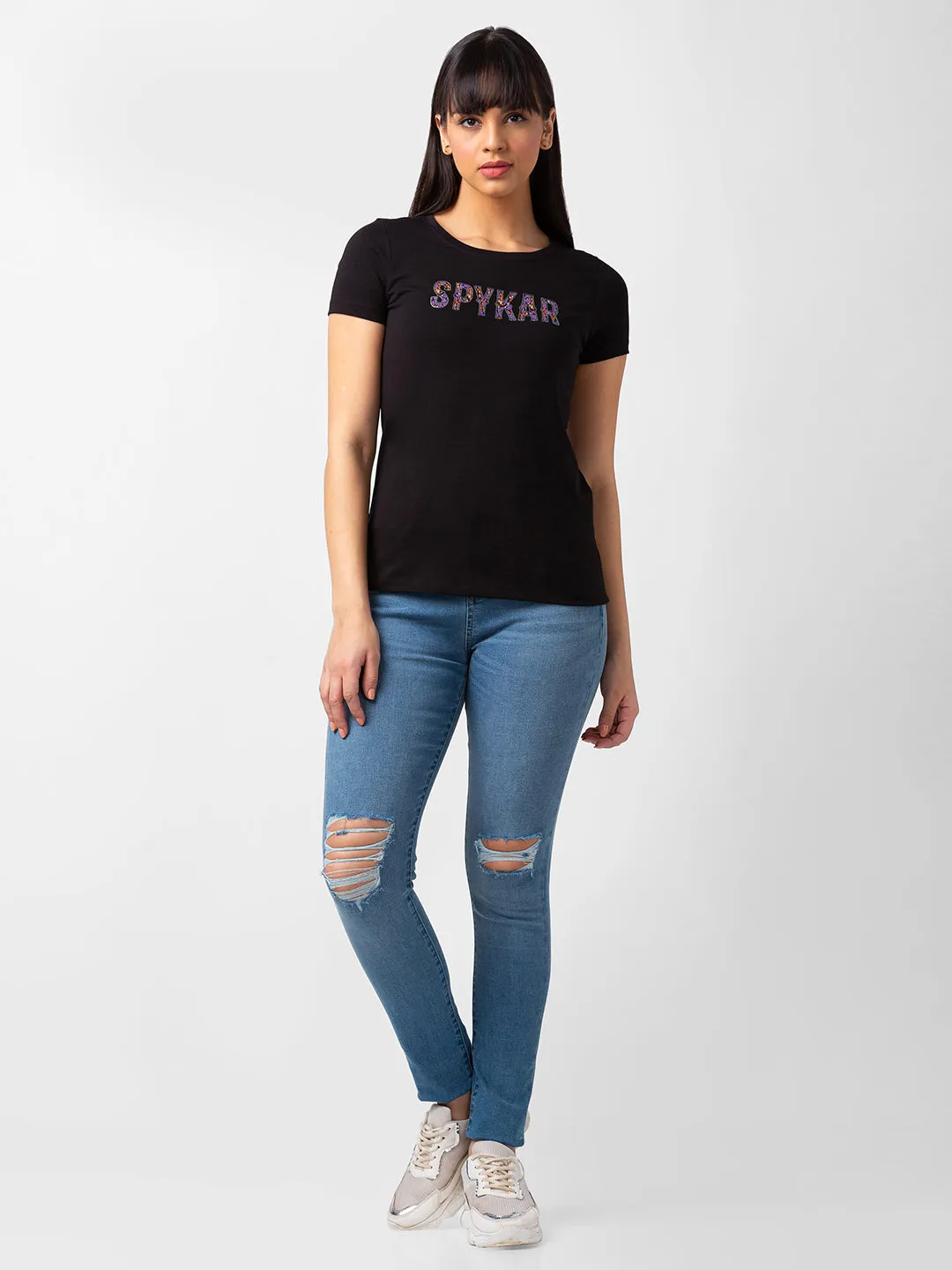 Spykar Women Black Blended Regular Fit Half Sleeve Printed T-Shirts