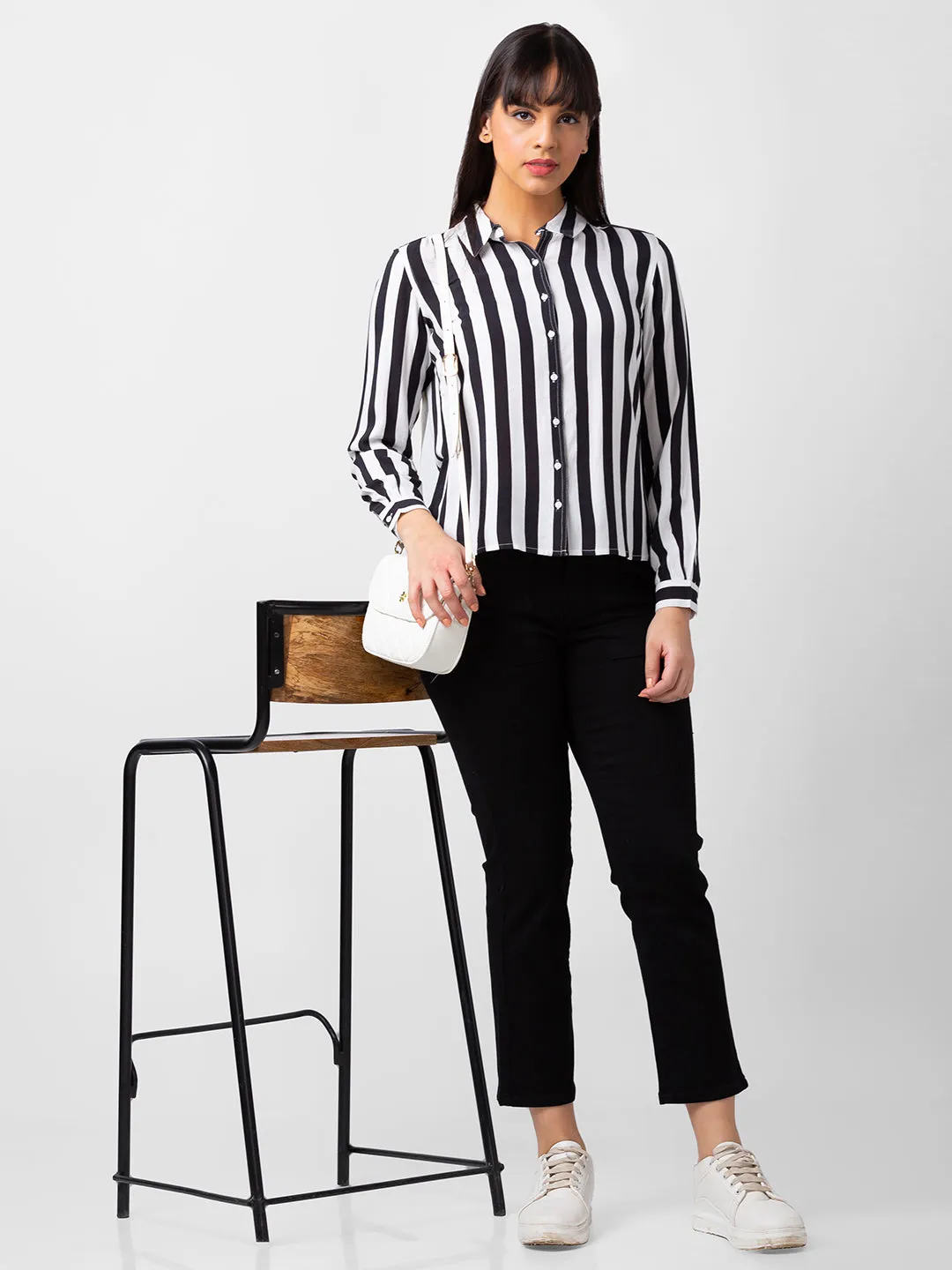 Spykar Women Black Reyon Regular Fit Striped Shirts