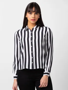 Spykar Women Black Reyon Regular Fit Striped Shirts