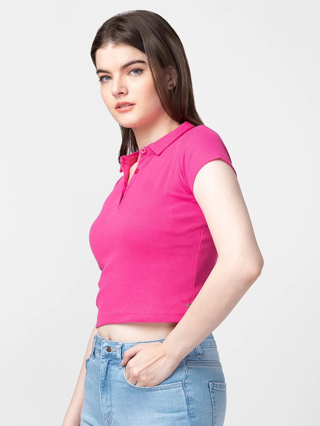 Spykar Women Fuschia Pink Cotton Printed Crop Top