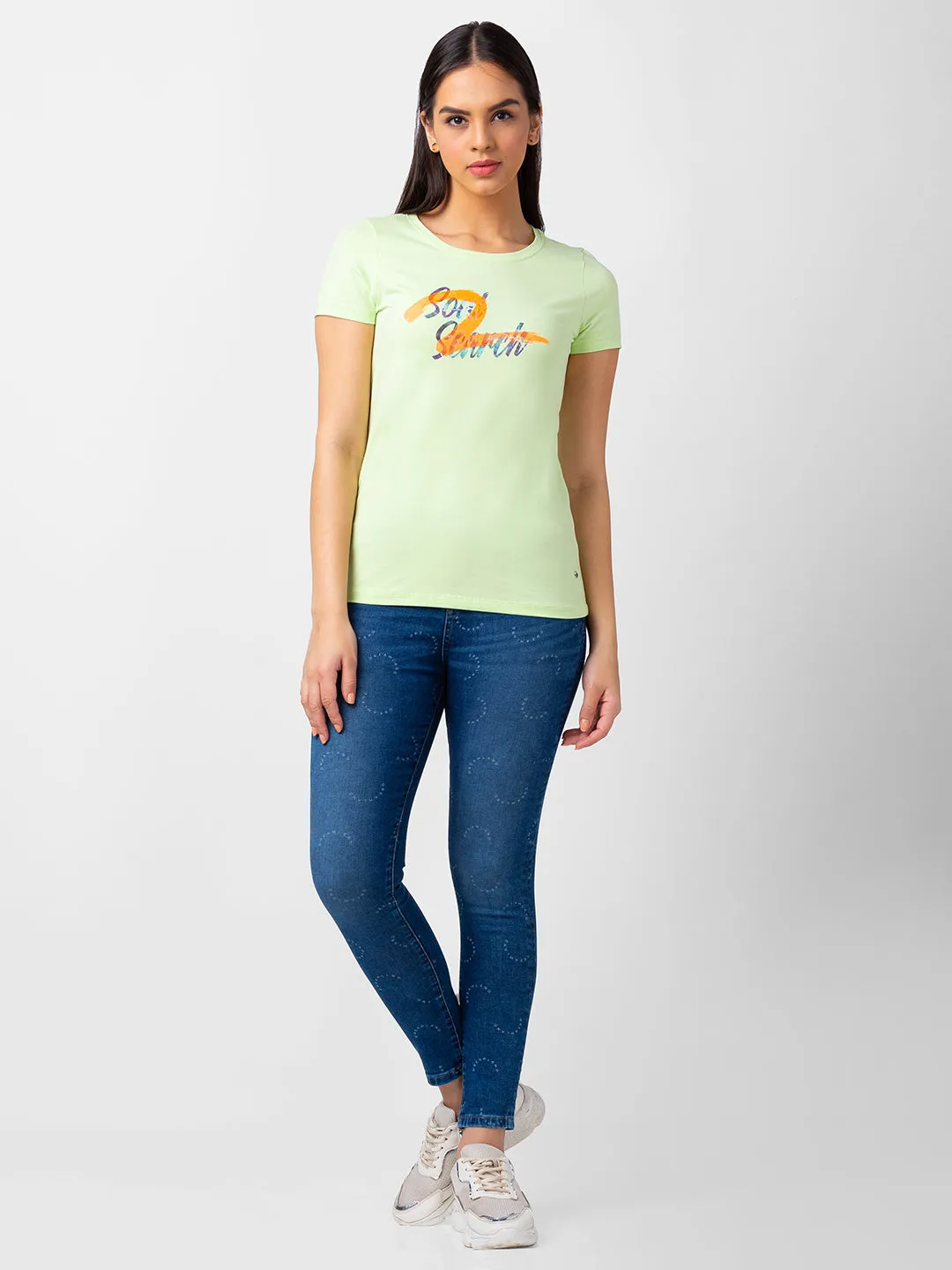 Spykar Women Mint Green Blended Regular Fit Half Sleeve Printed Tshirt