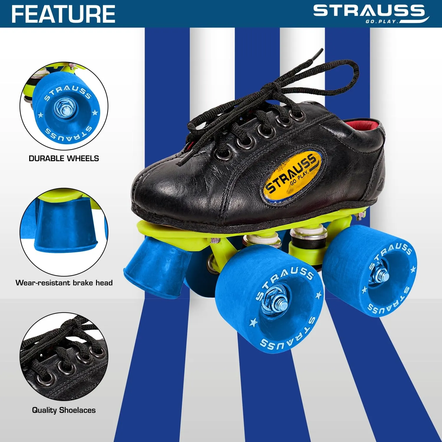 STRAUSS Gripper Shoe Skate with Rubber Wheel |Fixed Body Roller Skates |Skating Shoes for Boys,Girls and Kids |Suitable for All Skill Level |Ideal for Kids (11-12 Years), Size-4, (Blue/Black)