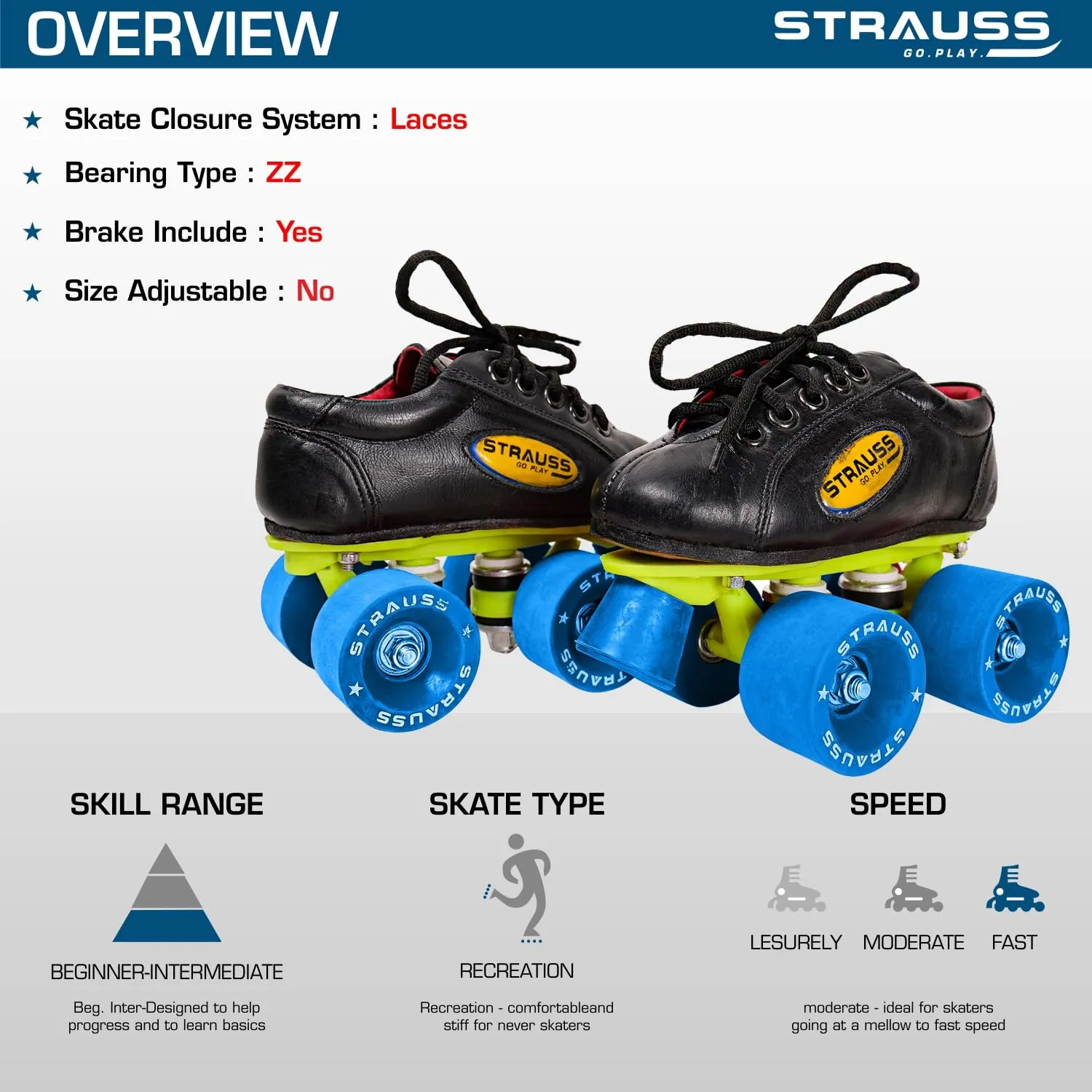 STRAUSS Gripper Shoe Skate with Rubber Wheel |Fixed Body Roller Skates |Skating Shoes for Boys,Girls and Kids |Suitable for All Skill Level |Ideal for Kids (11-12 Years), Size-4, (Blue/Black)