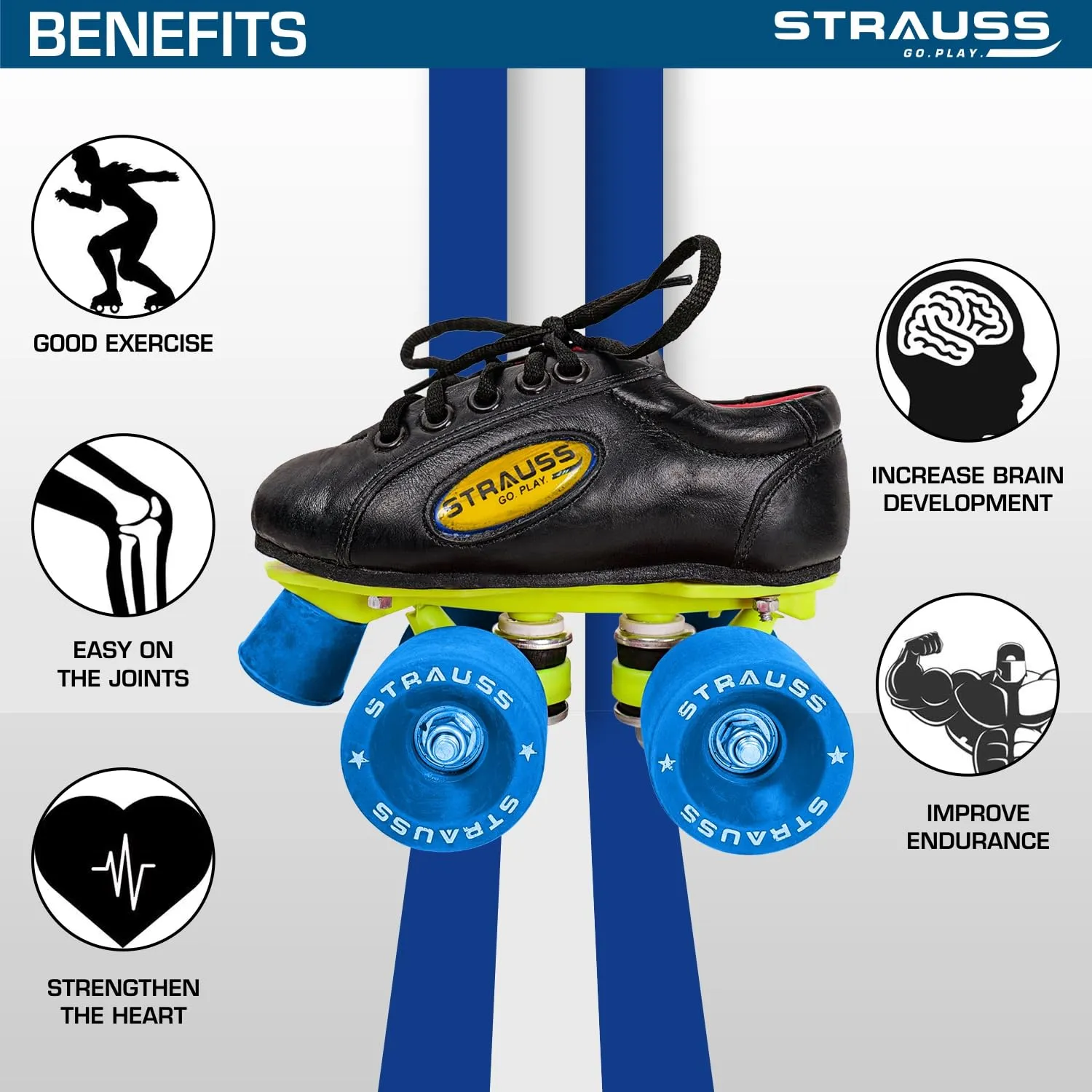 STRAUSS Gripper Shoe Skate with Rubber Wheel |Fixed Body Roller Skates |Skating Shoes for Boys,Girls and Kids |Suitable for All Skill Level |Ideal for Kids (11-12 Years), Size-4, (Blue/Black)