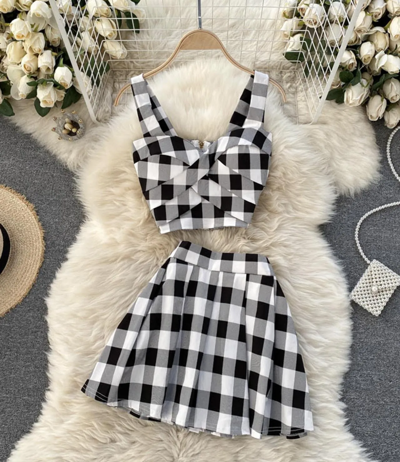 Stylish plaid two pieces sets   S58