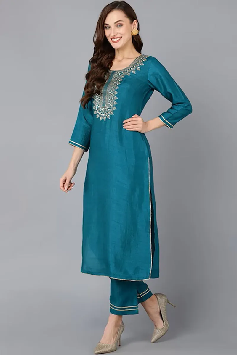 Teal Silk Blend Solid Straight Suit Set