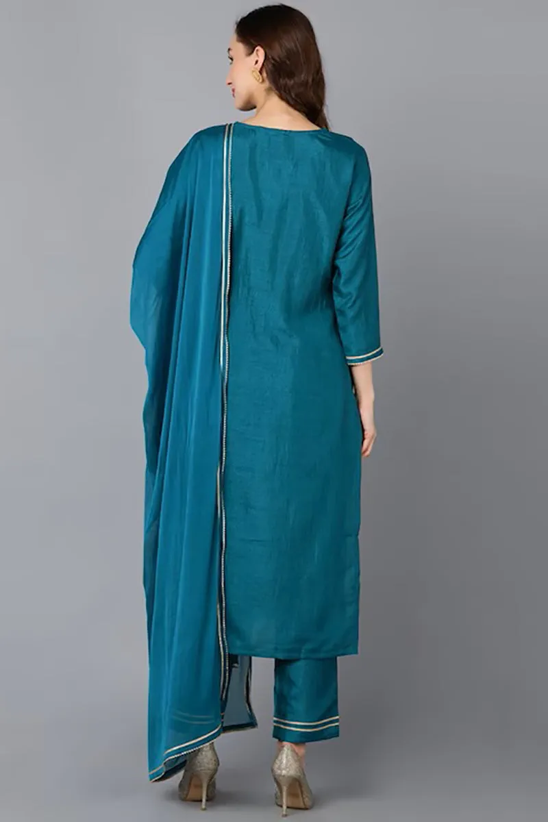 Teal Silk Blend Solid Straight Suit Set