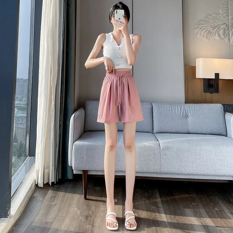 Thin Casual Straight Loose-Fit Silky Drawstring Waist Shorts