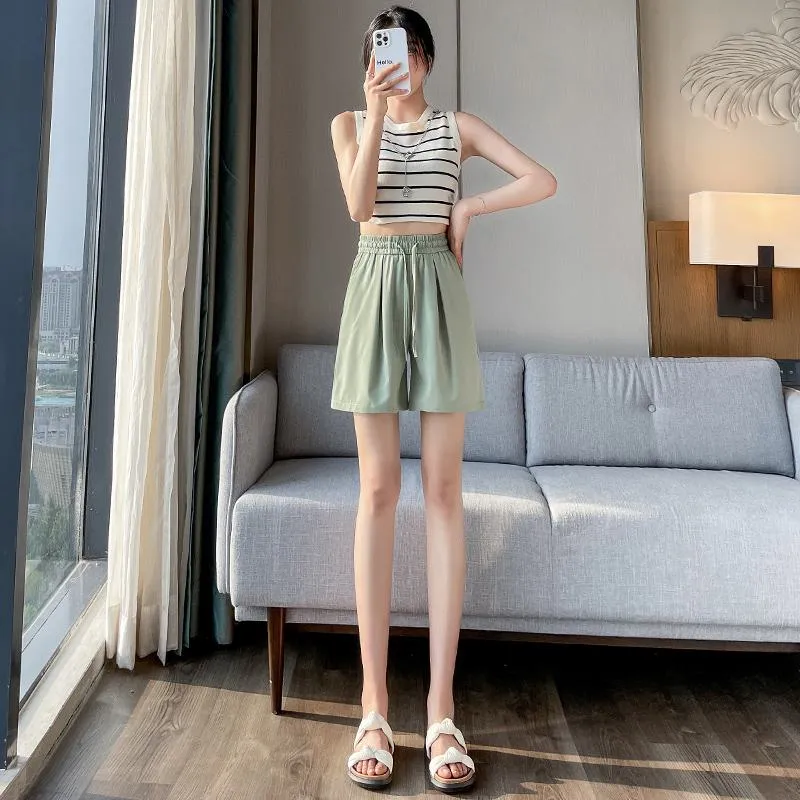 Thin Casual Straight Loose-Fit Silky Drawstring Waist Shorts