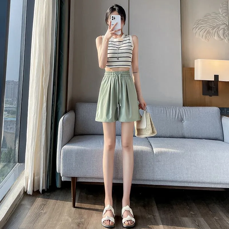 Thin Casual Straight Loose-Fit Silky Drawstring Waist Shorts