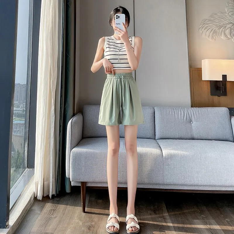 Thin Casual Straight Loose-Fit Silky Drawstring Waist Shorts