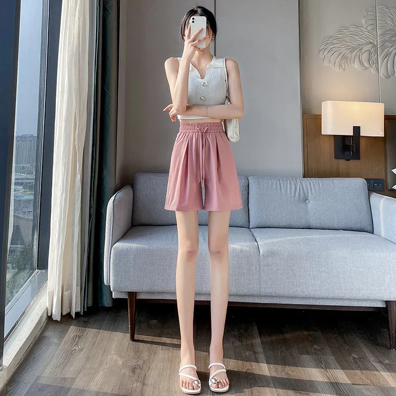 Thin Casual Straight Loose-Fit Silky Drawstring Waist Shorts