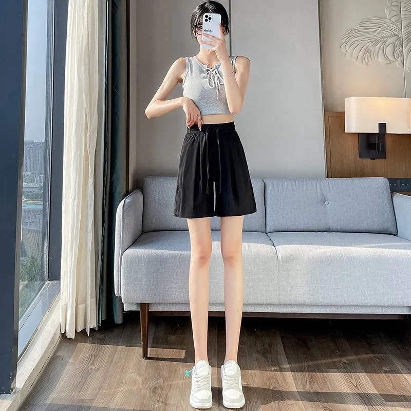 Thin Casual Straight Loose-Fit Silky Drawstring Waist Shorts