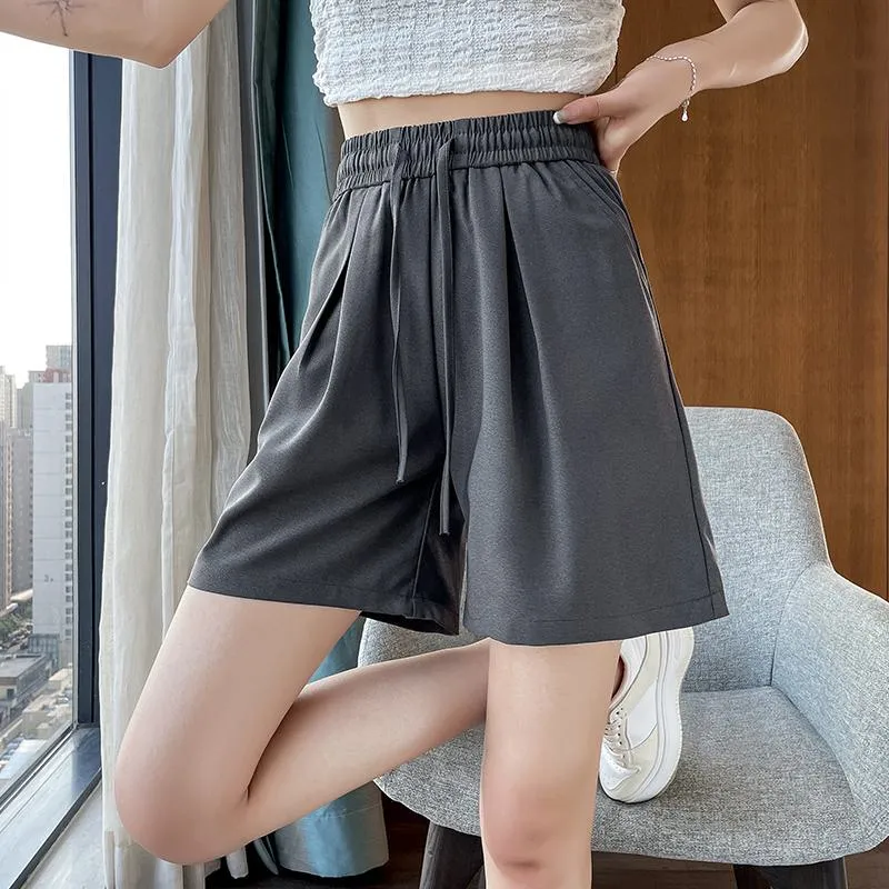 Thin Casual Straight Loose-Fit Silky Drawstring Waist Shorts