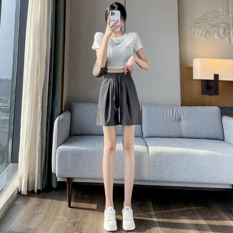 Thin Casual Straight Loose-Fit Silky Drawstring Waist Shorts