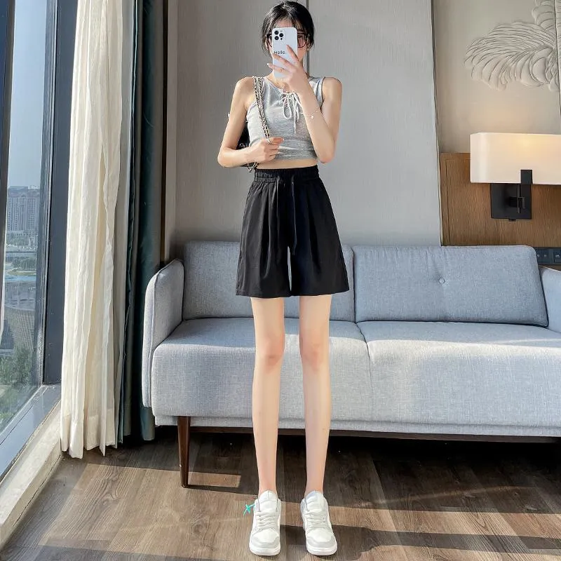 Thin Casual Straight Loose-Fit Silky Drawstring Waist Shorts