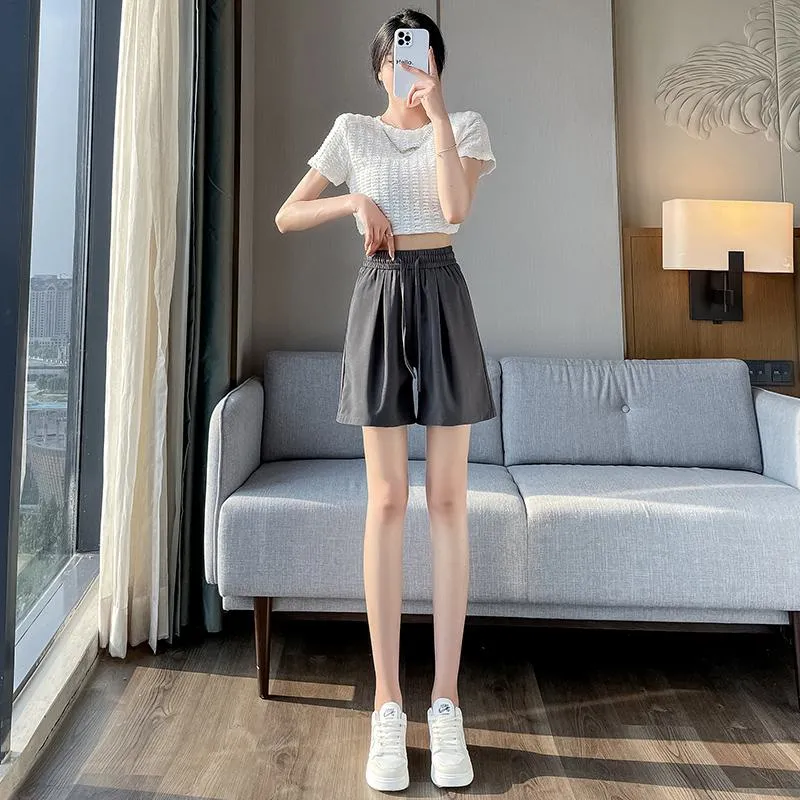 Thin Casual Straight Loose-Fit Silky Drawstring Waist Shorts