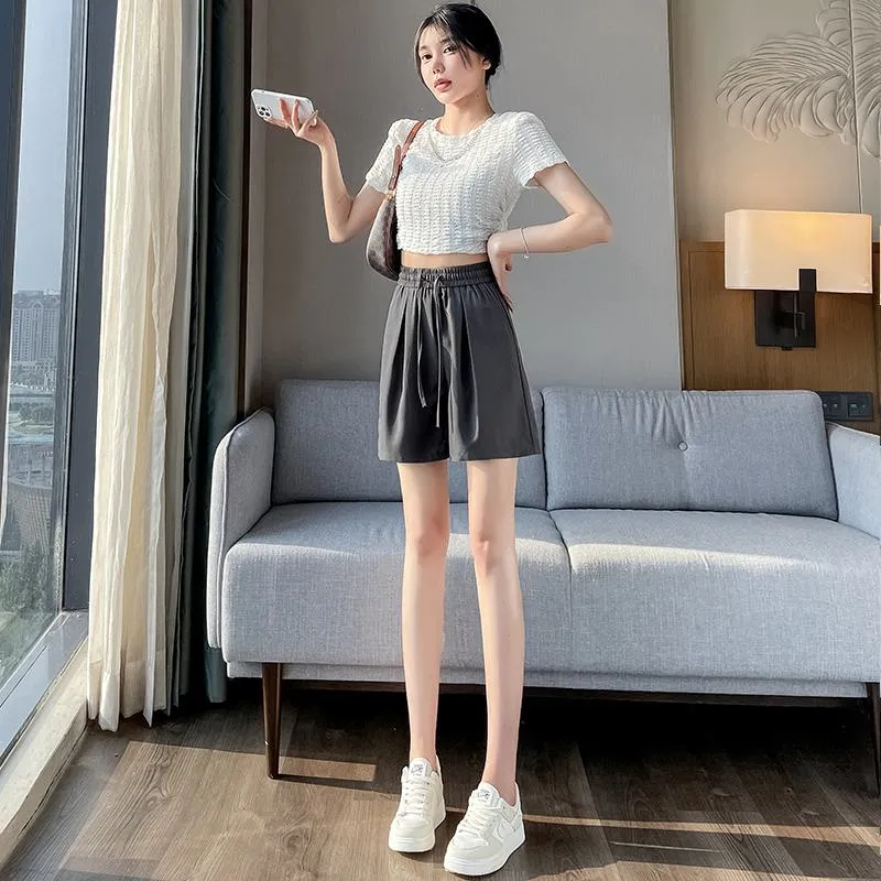 Thin Casual Straight Loose-Fit Silky Drawstring Waist Shorts