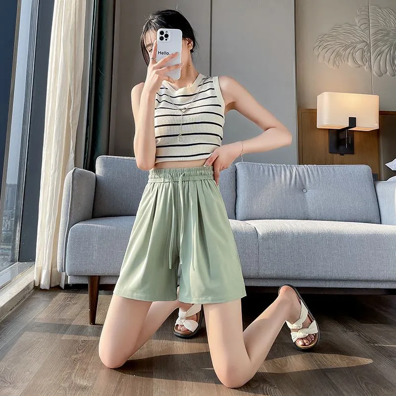 Thin Casual Straight Loose-Fit Silky Drawstring Waist Shorts