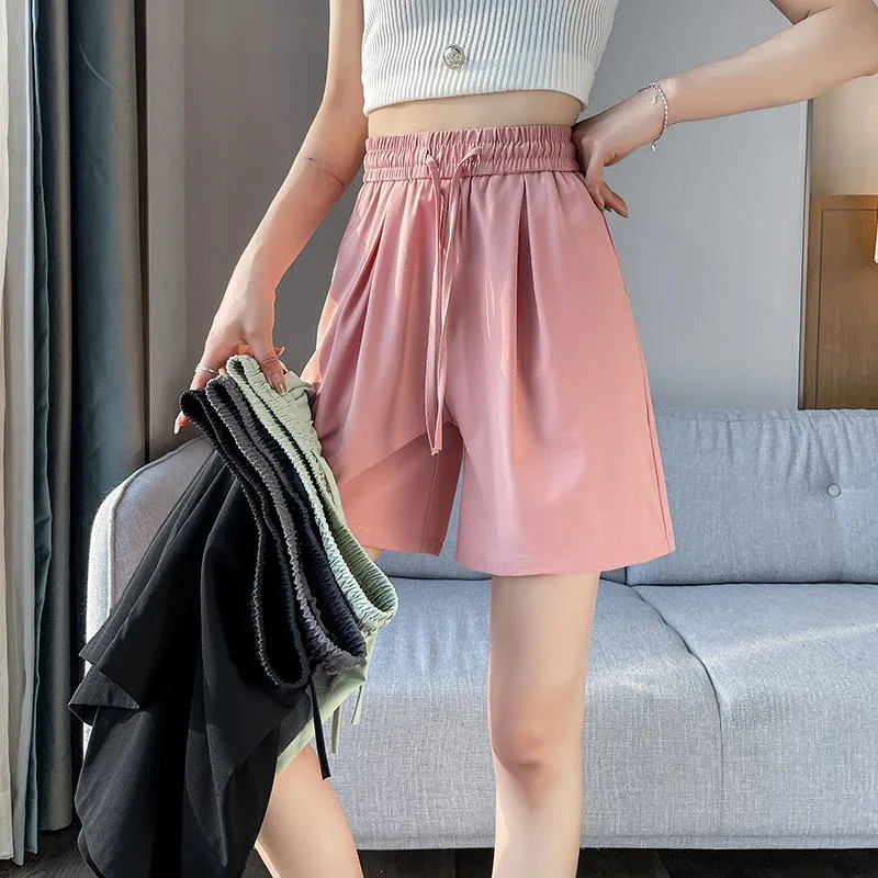 Thin Casual Straight Loose-Fit Silky Drawstring Waist Shorts