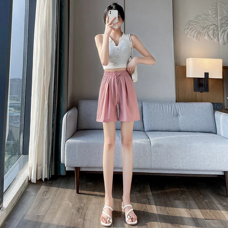 Thin Casual Straight Loose-Fit Silky Drawstring Waist Shorts