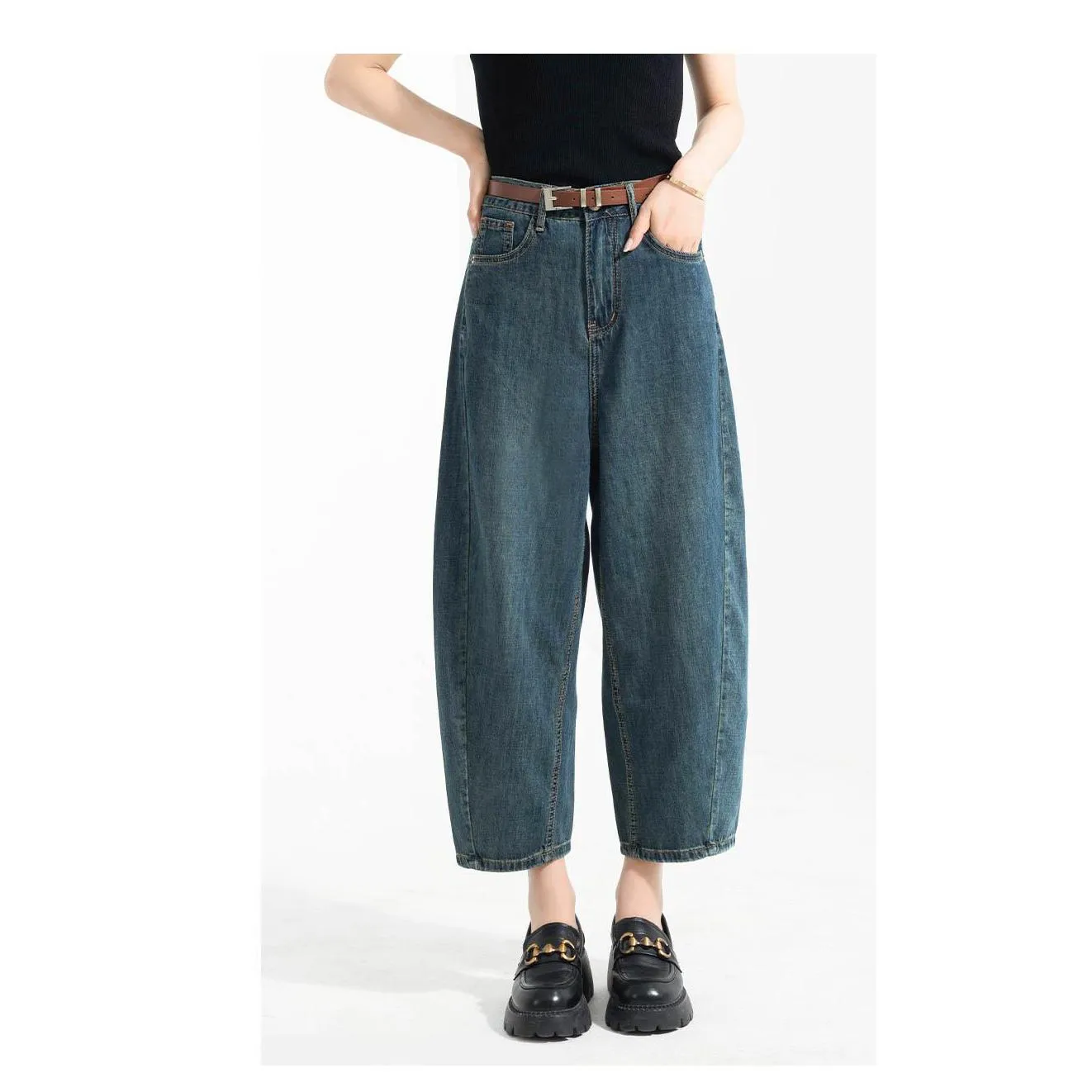 Thin Wide-Leg Banana-Shaped Cropped Jeans