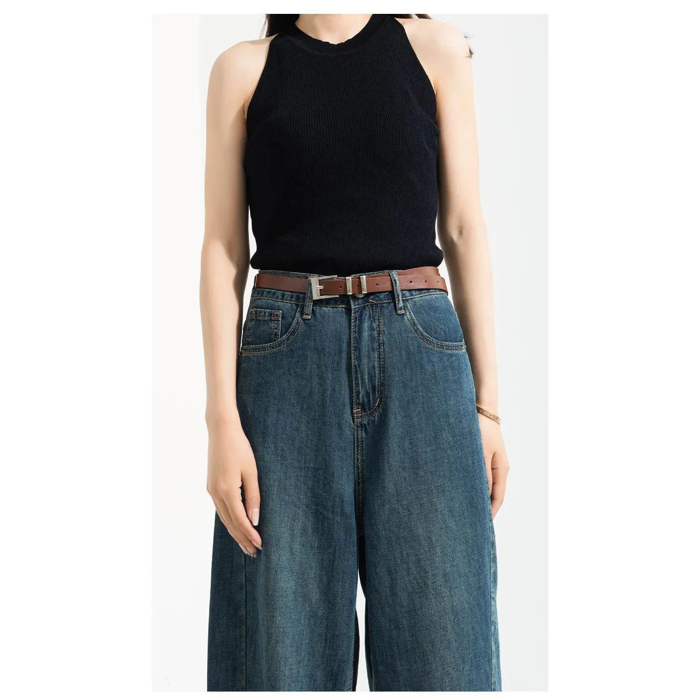 Thin Wide-Leg Banana-Shaped Cropped Jeans