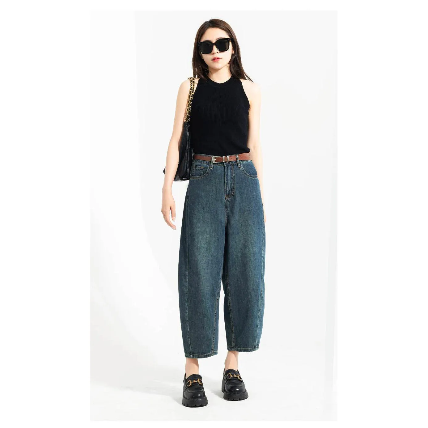 Thin Wide-Leg Banana-Shaped Cropped Jeans