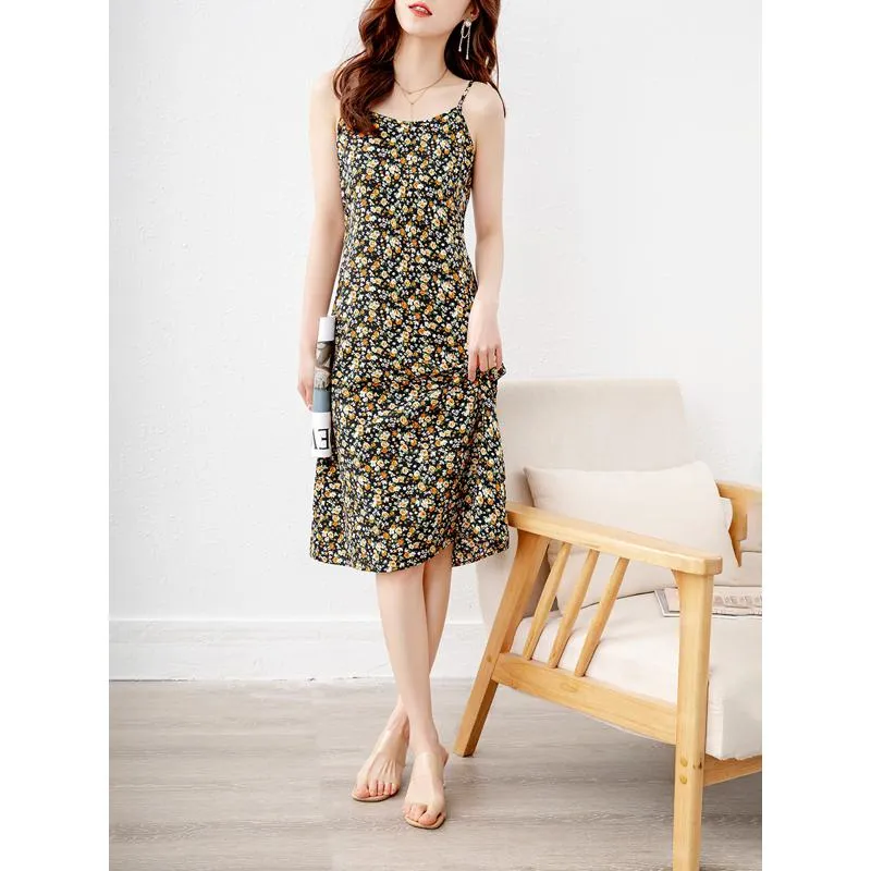 Versatile Midi Floral Print Pastoral Slim-Fit V-Neck Dress