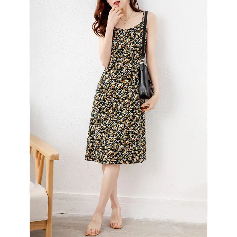 Versatile Midi Floral Print Pastoral Slim-Fit V-Neck Dress