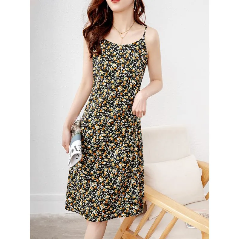 Versatile Midi Floral Print Pastoral Slim-Fit V-Neck Dress