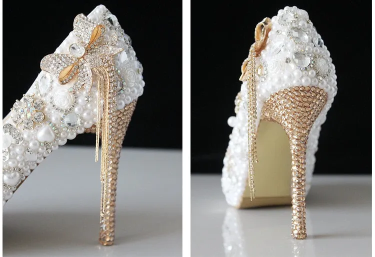 White Pearl Wedding Shoes Thin High Heel Luxury Rhinestones