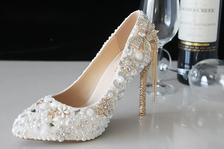 White Pearl Wedding Shoes Thin High Heel Luxury Rhinestones